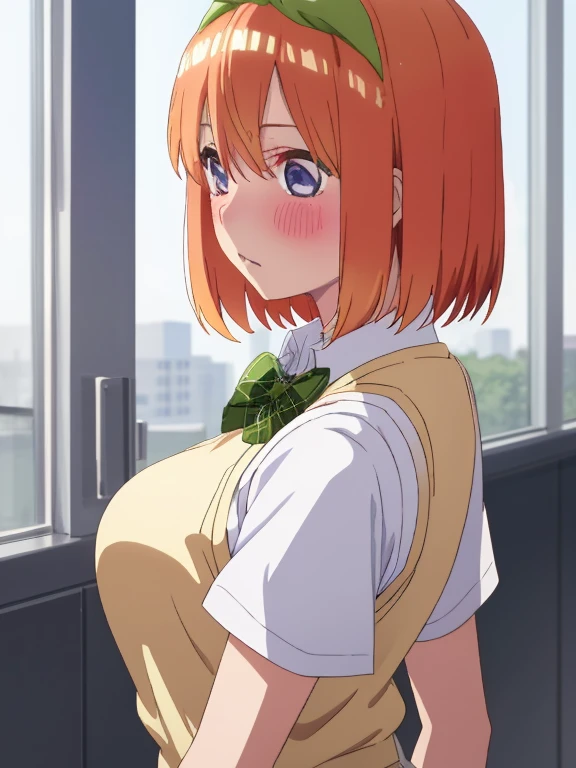 best quality, insanely detailed,yotsuba nakano, breasts, blush, back style, look into the distance, school background, sweater vest, white shirt, bowtie, short sleeves