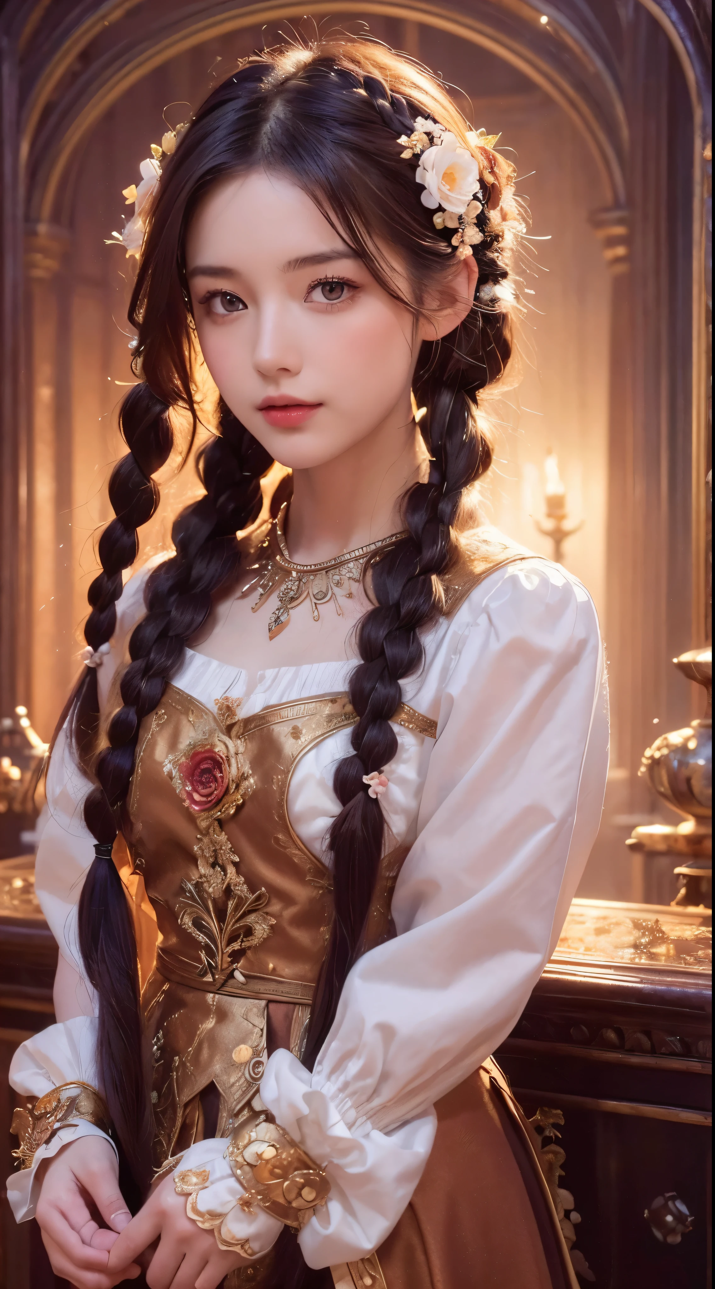 (masterpiece, top quality, best quality, official art, beautiful and aesthetic:1.2), (1girl:1.3), (Fractal Art:1.3), card, tarot, Chestnut hair, twin braids, hair flower, (good lighting:1.1), ((highres)), Tarot card style