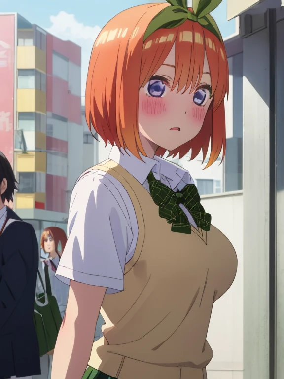 best quality, insanely detailed,yotsuba nakano, breasts, blush, back style, look into the distance, school background, sweater vest, white shirt, bowtie, short sleeves