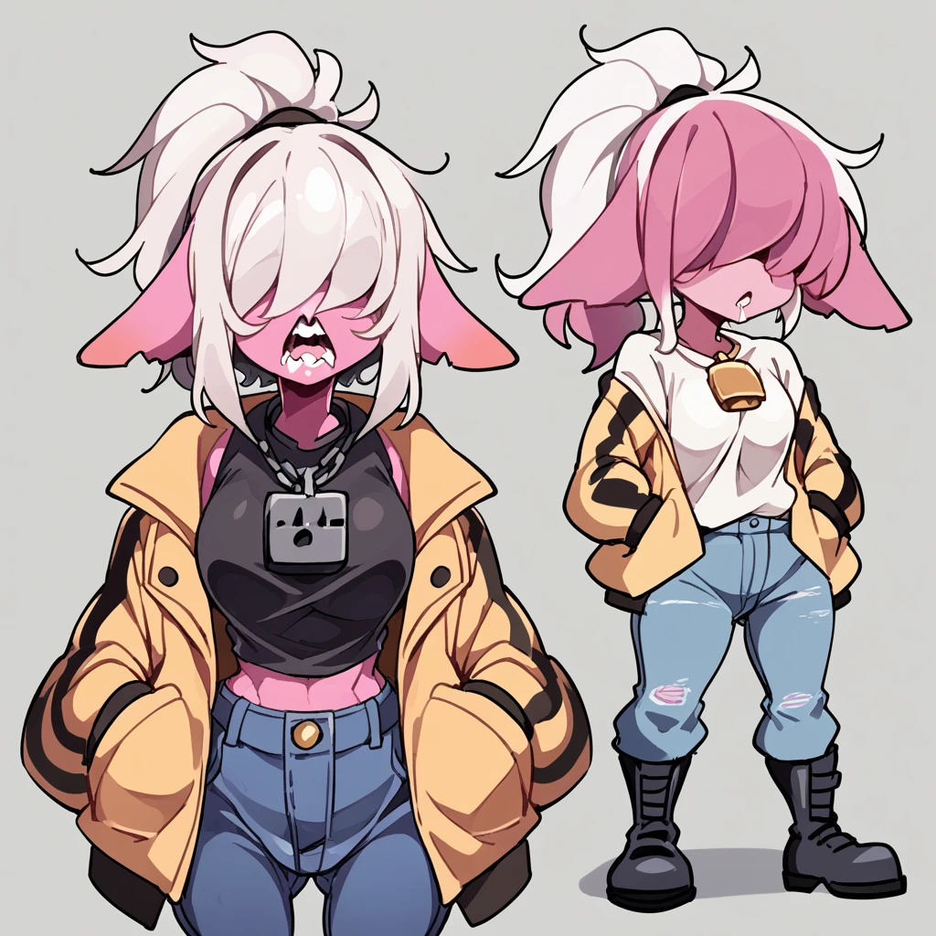 a one woman, Pink skin, white ponytail hair with a multicolored lock of hair, eyes covered by hair, "Hair over Eyes", Exaggerated breasts, body with exaggerated volume in the bust, curved sensual body, jaket, hands in pocket, regatta, jeans, Black boots, image focuses on the Character.