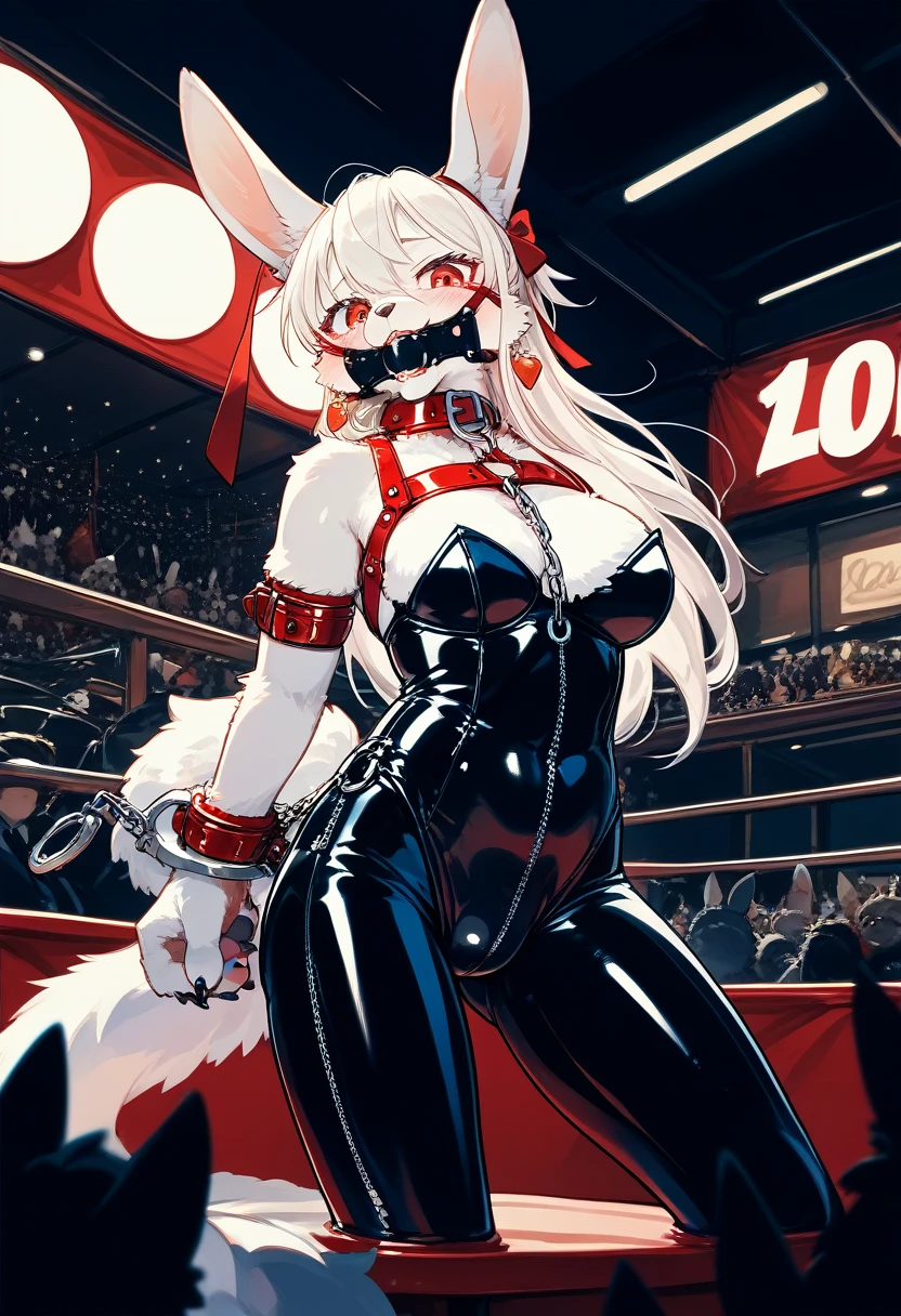 Highest quality, Highest quality, High quality illustrations, masterpiece, Ultra-high resolution, Detailed Background, club, Auction Venue, Absurd, Perfect Anatomy, Performance, Good lighting, Shadows in the movie(kemono, Furry Personification), Rubber Suit, latex, {Bunny Suit}, ribbon, Earrings, male, slave, Handcuffs, Shackles, Red harness, gag, Being restrained, 後ろ手にBeing restrained, Bondage, null bulge, On display, audience