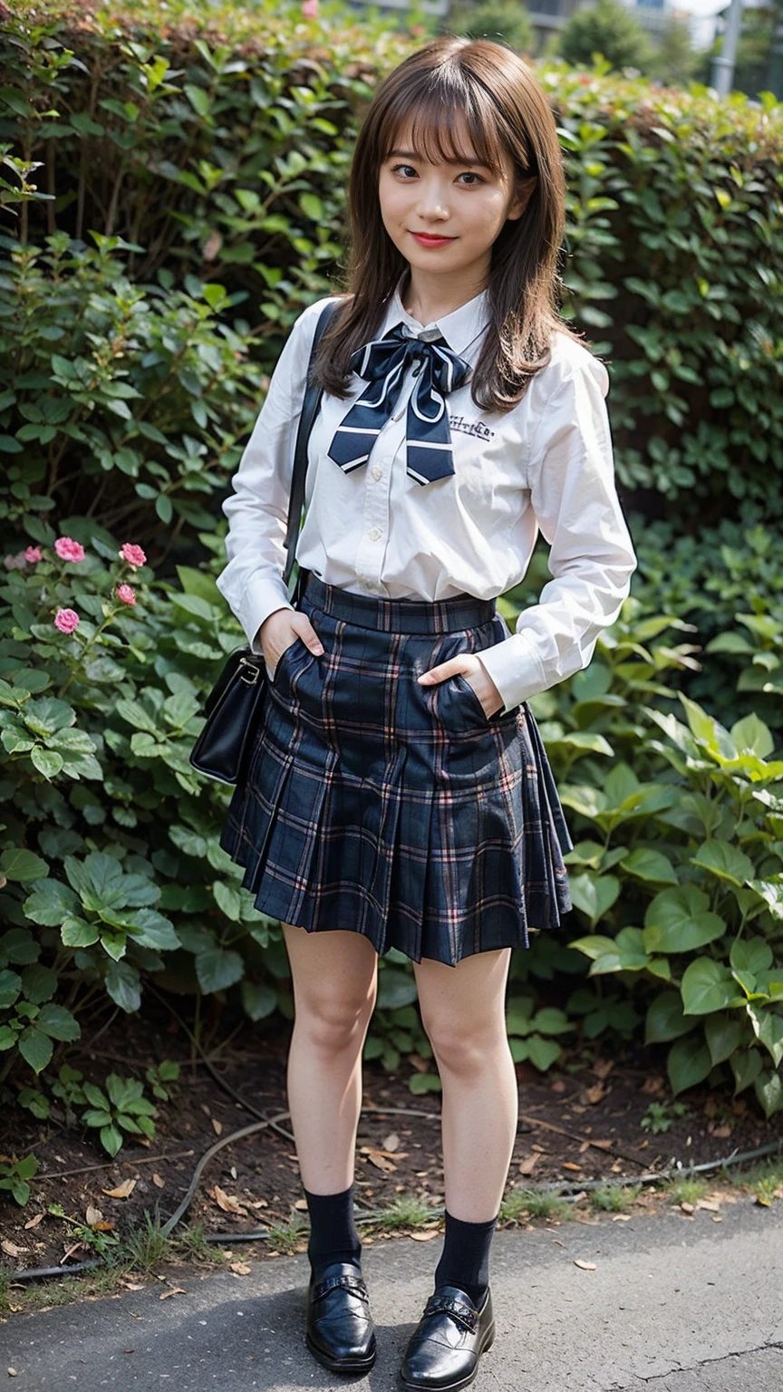 (8K、RAW Photos、Highest quality、masterpiece:1.2)、(Realistic、Realistic)、1 Girl、((Black Check Mini Skirt、whole body、High School Uniform、smile、sweater、Navy Socks、loafers、garden、View from the front、Looking into the camera、Stand with hands on hips))、cute