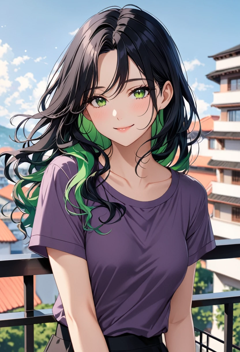 solo, 1, tall, adult, (long wavy hair (black hair with green highlight hair:1.1)), beautiful face, (close mouth:1.2), smiling softly, small sized breast flat, (dark purple short sleeved shirts:1.3), black loose pants, balcony, looking at you, masterpiece, 8k