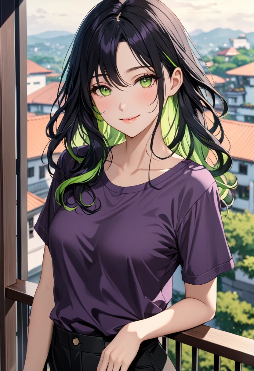  solo, 1, tall, adult, (long wavy hair (black hair with green highlight hair:1.1)), beautiful face, (close mouth:1.2), smiling softly, small sized breast flat, (dark purple short sleeved shirts:1.3), black loose pants, balcony, looking at you, masterpiece, 8k