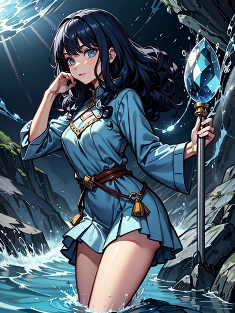girl，Dark blue hair，curls，Water Element，Blue clothes，cute，Fair，Mage