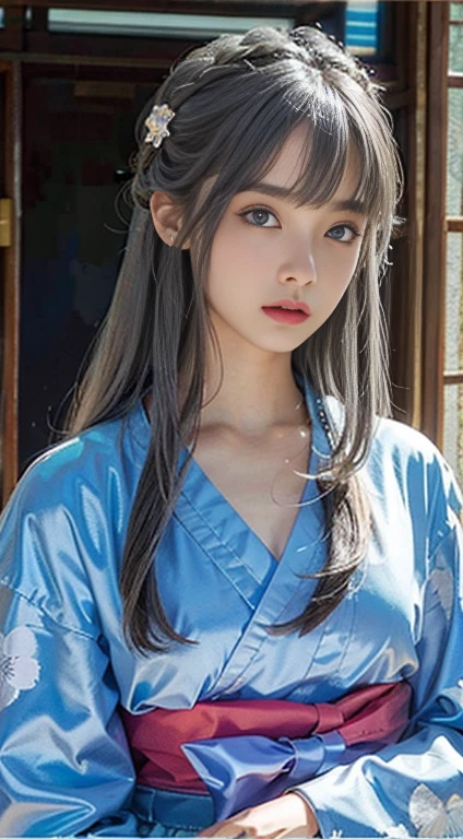 Realistic, masterpiece, Realistic, High resolution, Soft Light, Upper Body, blue eyes, Gray Hair, Long Hair, sexy, kimono