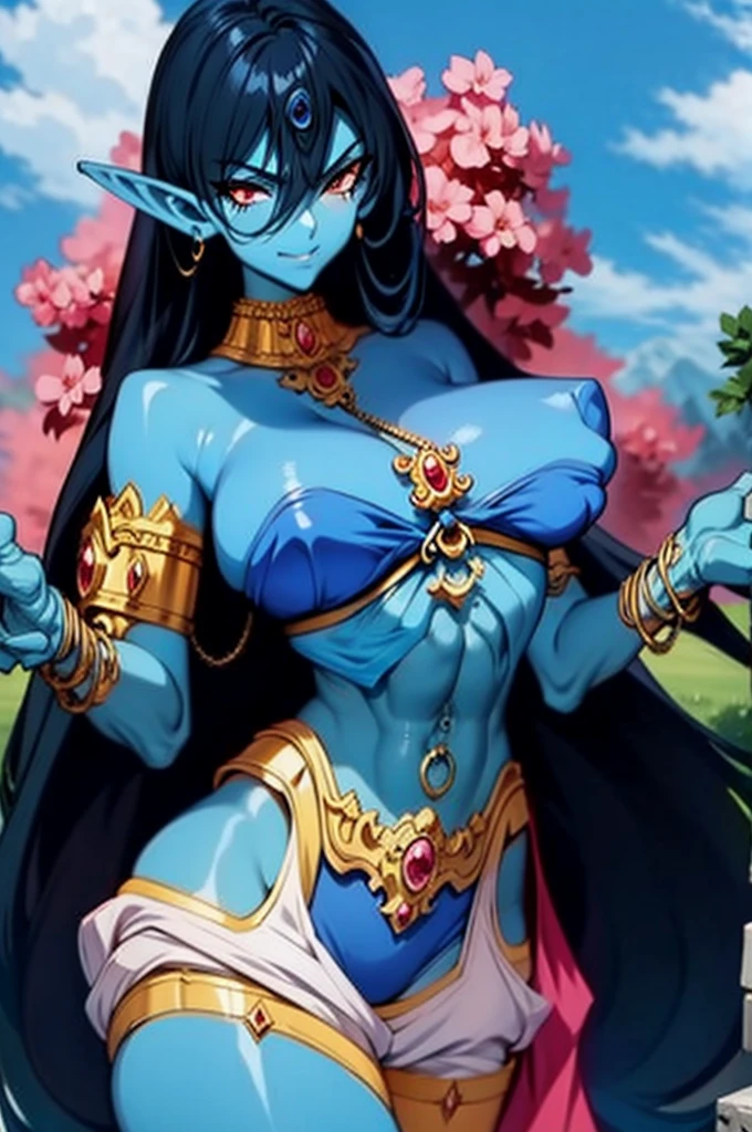 (Masterpiece, best quality, official art, 8K), ultra-detailed, a cartoon image of a Sky Blue Skinned female Djinn with blue hair and a chain around her neck, Human Hybrid Djinn, ((((sky blue skin)))), skin genie girl sky blue, ((perfectly detailed hands and fingers)), alone, Krenz Cushart and Artgerm, aesthetics!!!!!!, female genius, she is huge, beautiful girl genius, artgerm comics, colorful artgerm!!!, artgerm style, in the artgerm style, artgerm style, Asian Water Elemental Woman, Goddess Inanna, The Greek goddess Afrotita, aesthetic!!!!!!, (1 Female Genie Djinn), (Big Breasts), Beautiful Genie, Evil Goddess, Djinn Character, Detailed Body, mega detailed sensual body, perfect goddess body, Cuffs with Hanging Chains, Colorful Concept Art, Spiritual Fantasy Concept Art, female genie, ((blue hair)), Sky blue skin, Djinn girl, (Sky Blue Skinned Elf-Djinn).