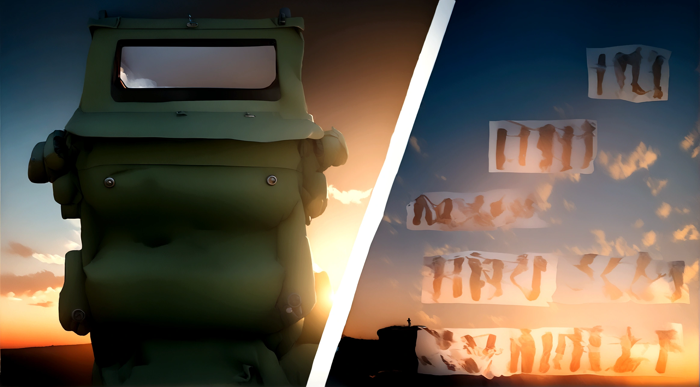 best quality, masterpiece, Ultra-high resolution, (realism: 1.4), original photo, 1,, light,Sunset,Green army coat,Comic Style