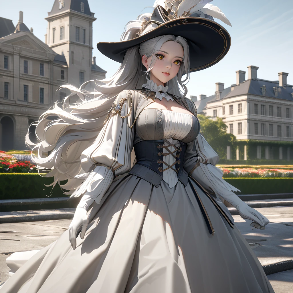 A woman wearing a British lady's dress from the 1700s, gray dress with silver details, large breasts, perfect face, perfect eyes, perfect lips, long sleeves, luxury madam's hat with white feathers and silver details, long white hair , ponytail hair, white gloves, white heels, yellow eyes, standing, walking on a concrete sidewalk in a luxury garden, a mansion in the background, British aesthetics from the 1700s, close view, (woman alone),UHD , prime work , accurate , anatomically correct , textured skin , super details , high quality , best quality, 8k, high resolution, bokeh effect
