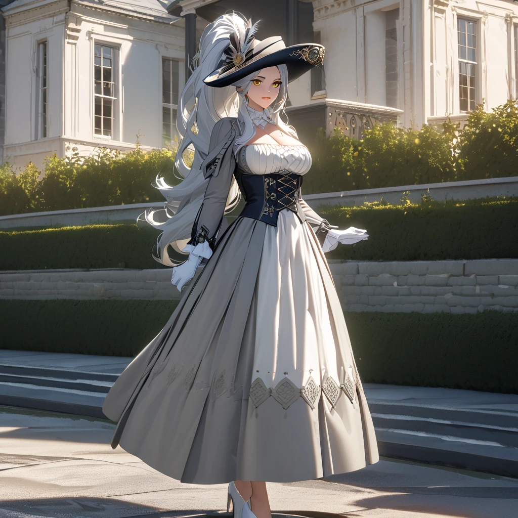 A woman wearing a British lady's dress from the 1700s, gray dress with silver details, large breasts, perfect face, perfect eyes, perfect lips, long sleeves, luxury madam's hat with white feathers and silver details, long white hair , ponytail hair, white gloves, white heels, yellow eyes, standing, walking on a concrete sidewalk in a luxury garden, a mansion in the background, British aesthetics from the 1700s, close view, (woman alone),UHD , prime work , accurate , anatomically correct , textured skin , super details , high quality , best quality, 8k, high resolution, bokeh effect
