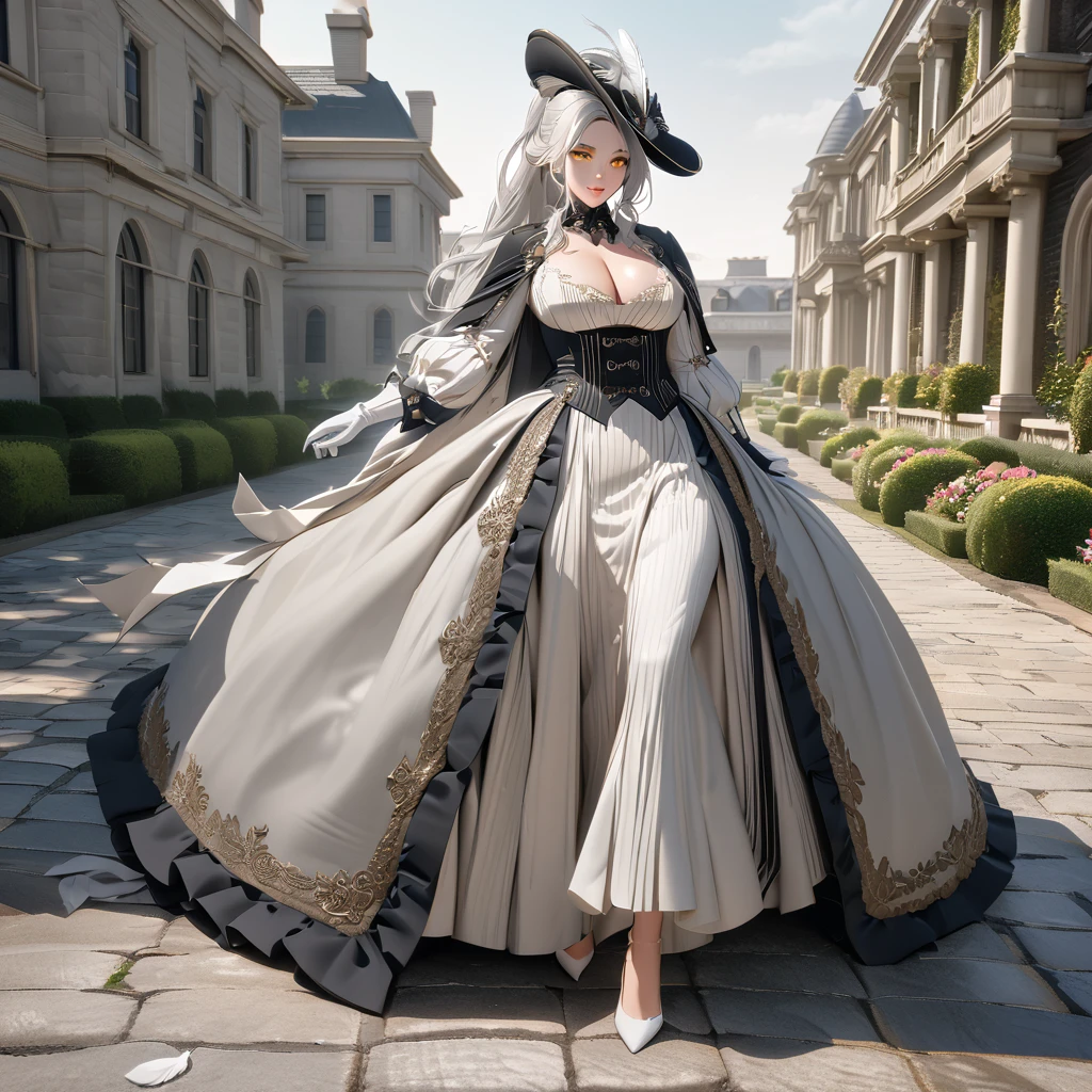 A woman wearing a British lady's dress from the 1700s, gray dress with silver details, large breasts, perfect face, perfect eyes, perfect lips, long sleeves, luxury madam's hat with white feathers and silver details, long white hair , ponytail hair, white gloves, white heels, yellow eyes, standing, walking on a concrete sidewalk in a luxury garden, a mansion in the background, British aesthetics from the 1700s, close view, (woman alone),UHD , prime work , accurate , anatomically correct , textured skin , super details , high quality , best quality, 8k, high resolution, bokeh effect
