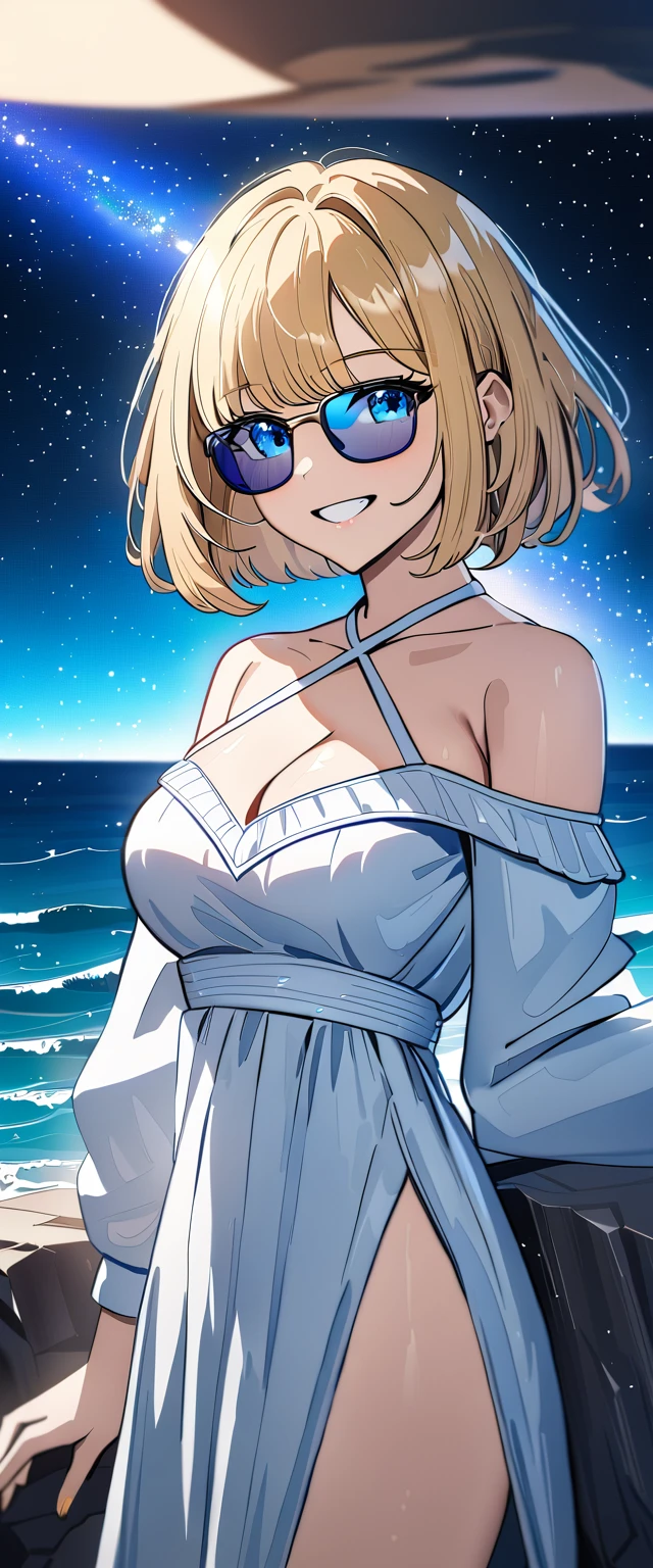 ((grin)), 風が強い, ((off-shoulder dress:1.3, criss-cross halter)), ((white sundress)), ((cleavage)), ((blond hair, bob cut:1.3)), ((sunglasses, hand to sunglasses)), (((from side))), ((((upper body)))), bare legs, (()), (((a beautiful starry sky, the Milky Way shining beautifully in the night))), ((standing on the very high cliff)), wavy hair, inward curled hair, ((sea, nature)), breasts, teenager, (looking at viewer), puffy long sleeves, collarbone, head tilt:1.3, (((blue eyes))), happy smile, (((anime style))), (best quality, 4K, 8K, highres, masterpiece:1.2, ultra-detailed, ultra-detailed eyes, HDR, uhd, studio lighting, ultra-fine painting, sharp focus, physically-based rendering, extreme detail description, professional, vivid colors, bokeh)