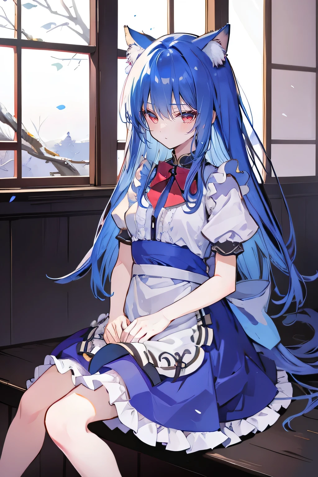 (masterpiece:1.2),Super detailed,lifelike,Expressive eyes,fair skin,perfect face shape,1 girl,
Japanese comics,Gorgeous blue hair,flowing blue hair,flowing clothes,Cat ears,Petals fall,beautiful lola,Baby Angel,
,Cross your legs,Gentle and peaceful background,The pavilion is cool and comfortable, maid outfit, maid,cafes,In front of the window,,snowing。