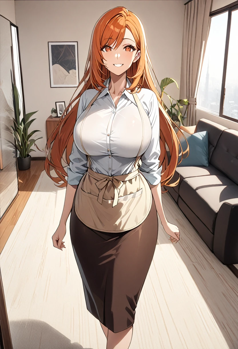 1 woman, solo, tall woman, long orange hair, straight hair ,orange eyes, (mature female, 30 years old:1.2),  (Full Breasts), High Height,masterpiece, high resolution, shiny, full body, beautiful,A cute smile that makes the viewer happy, highly detailed beautiful face and eyes,looking at viewer, livingroom, (shirt, skirt, apron:1.2), 