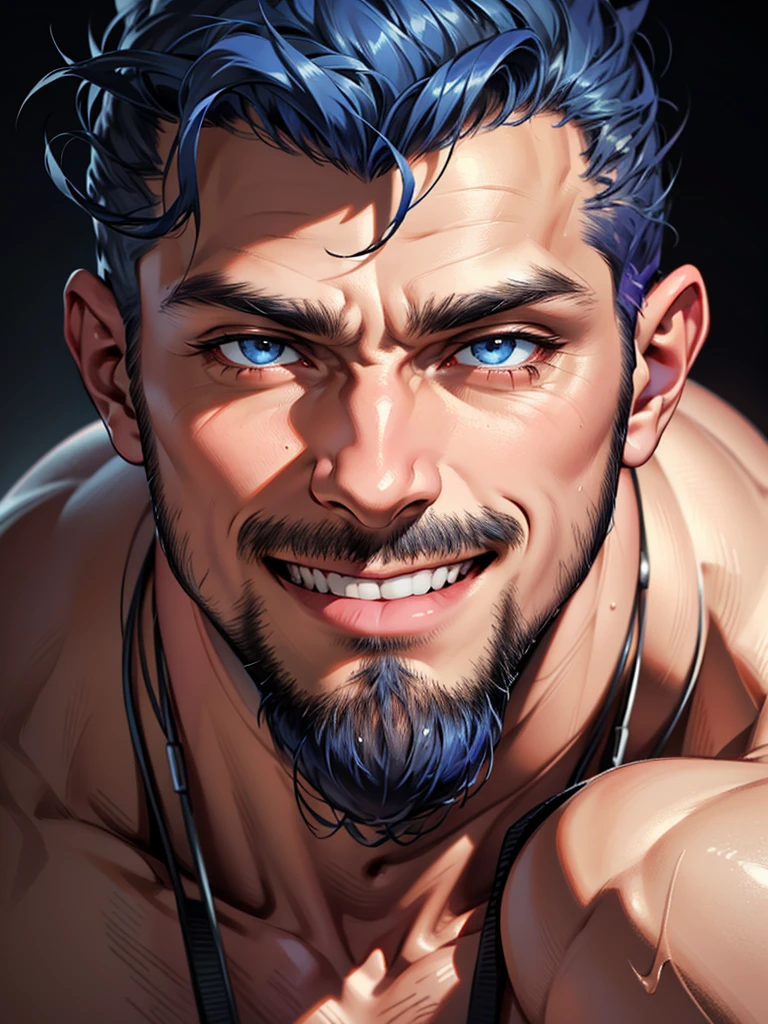 (Best Quality, 4k, 8k, high resolution, Masterpiece: 1.2), ultra detailed, Male portrait, medium closeup, very detailed face, detailed facial features, muscular build, spectacular lighting, close-up, from above, anatomically correct, super detail, only, 1 male, full blue beard and short blue hair, man lying on many fruits, smile, winking an eye.