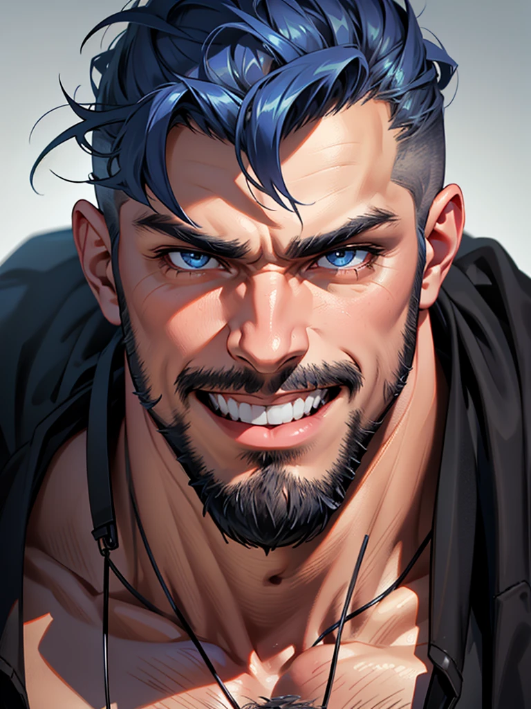 (Best Quality, 4k, 8k, high resolution, Masterpiece: 1.2), ultra detailed, Male portrait, medium closeup, very detailed face, detailed facial features, muscular build, spectacular lighting, close-up, from above, anatomically correct, super detail, only, 1 male, full blue beard and short blue hair, man lying on many fruits, smile, winking an eye.