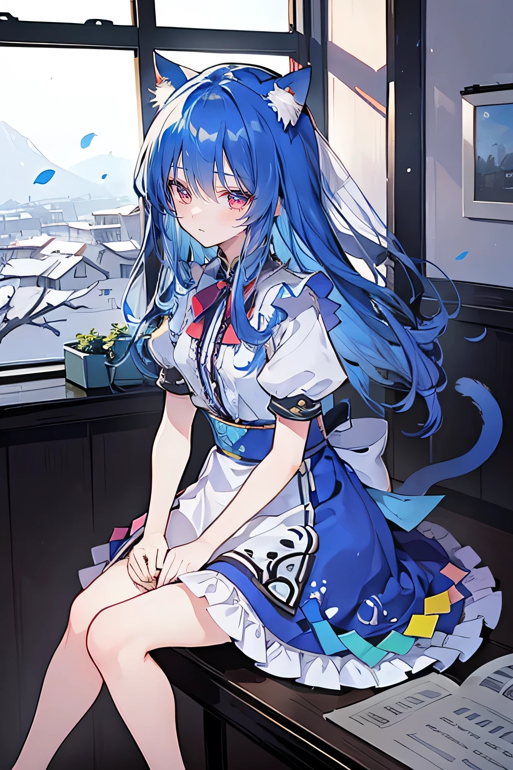 （masterpiece：1.2），Super detailed，lifelike，Expressive eyes，fair skin，perfect face shape，1 girl，
Japanese comics,Gorgeous blue hair,flowing blue hair,flowing clothes,Cat ears,Petals fall,beautiful lola,Baby Angel,
，Cross your legs，Gentle and peaceful background，The pavilion is cool and comfortable, maid outfit, maid，cafes，In front of the window，,snowing。 