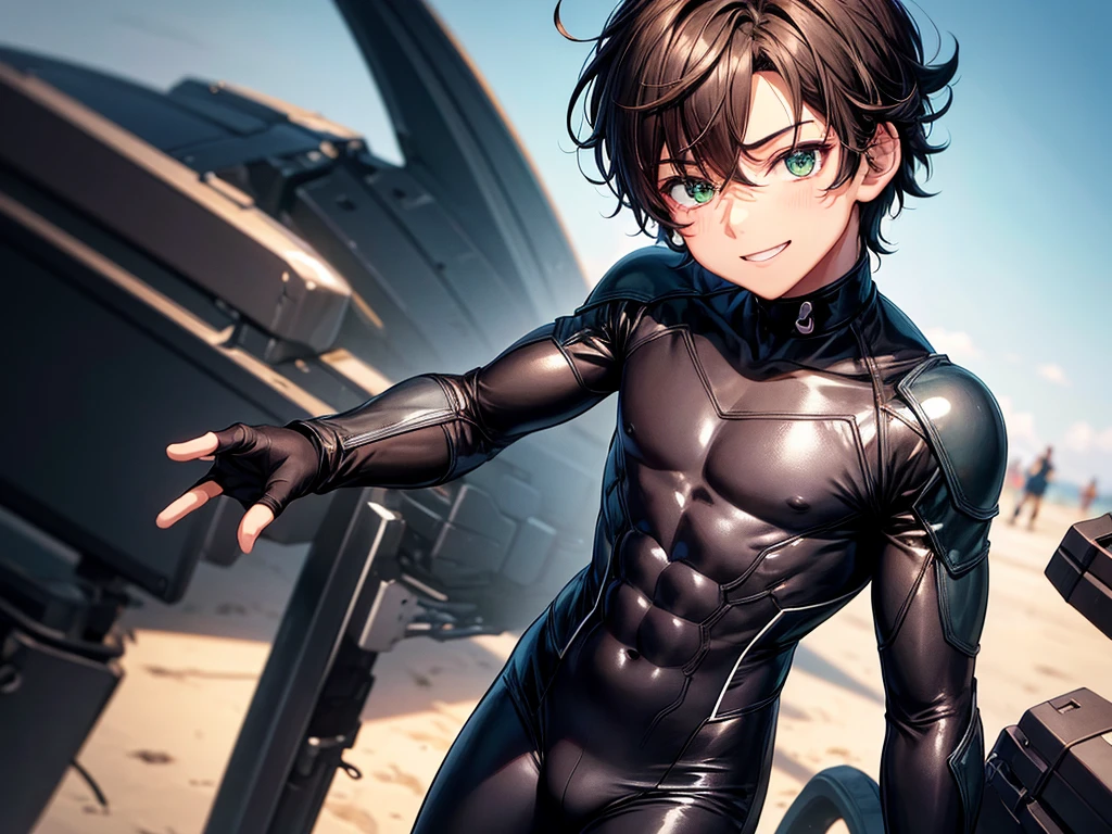 (A boy))，adorable captivating, dark brown hair , boy , green eyes , dark skin , 1 boy , boy , in black diver suit , He is smiling ,The blush gradually rises, fit body, 15 years os , But handsome。, boy , 1boy ,The picture style is fresh and simple，Rendered like a comic，The lens is shown as a vista，8k , （Anime style+Soft cute），Anatomically correct，Accurate