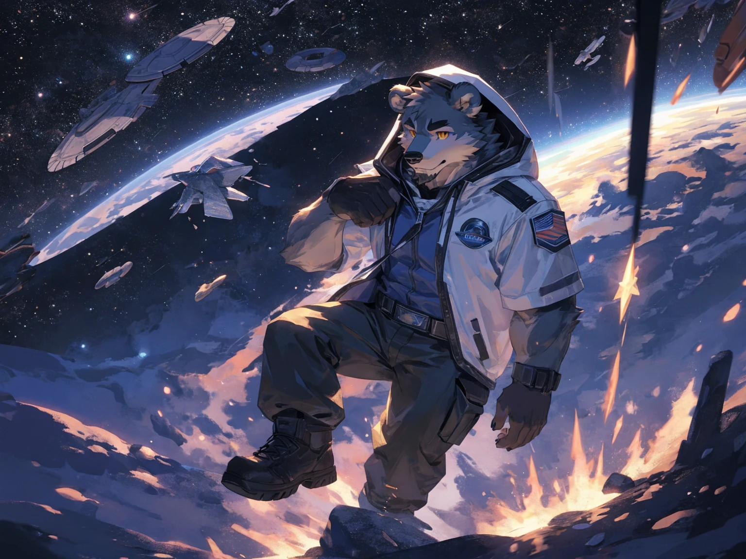(masterpiece:1.2), best quality,pixiv,official art,perfect anatomy, (Ray tracing, light),solo, (1_male:1.3) , (muscle), (grey fur:1.4), (muscle bear), (beard:1.2), (gleaming golden eyes), bear tail, full body, Thick black eyebrows,(open hooded parka), (naked inside), (cargo pants:1.2), boots , (in the space:1.3) , star , planet , earth , asteroid , (character floating :1.3)