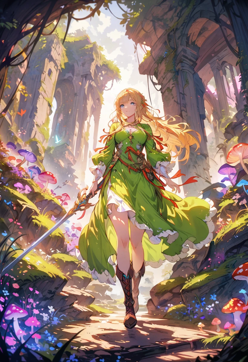 A fantasy landscape, a girl with long golden hair, striking blue eyes, detailed facial features, wearing a green tunic, holding a sword, walking through a peaceful forest, sunlight filtering through the trees, magical glowing mushrooms, ancient ruins in the background, vibrant colors, cinematic lighting, intricate details, (best quality,4k,8k,highres,masterpiece:1.2),ultra-detailed,fantasy,adventure,concept art