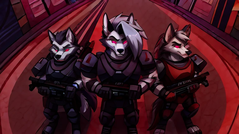 (masterpiece, best quality:1.2), troops of Vortex male hellhounds, a couple of male bodyguards, wolves, furry, helluva boss, hypnotized with glowing purple eyes, angry serious face, wearing futuristic armor, using a Pulse Rifle, Energy Rifle, Futuristic assault rifle, commanded by Loona, troops formed in rows like soldiers aerial view, hell streets background