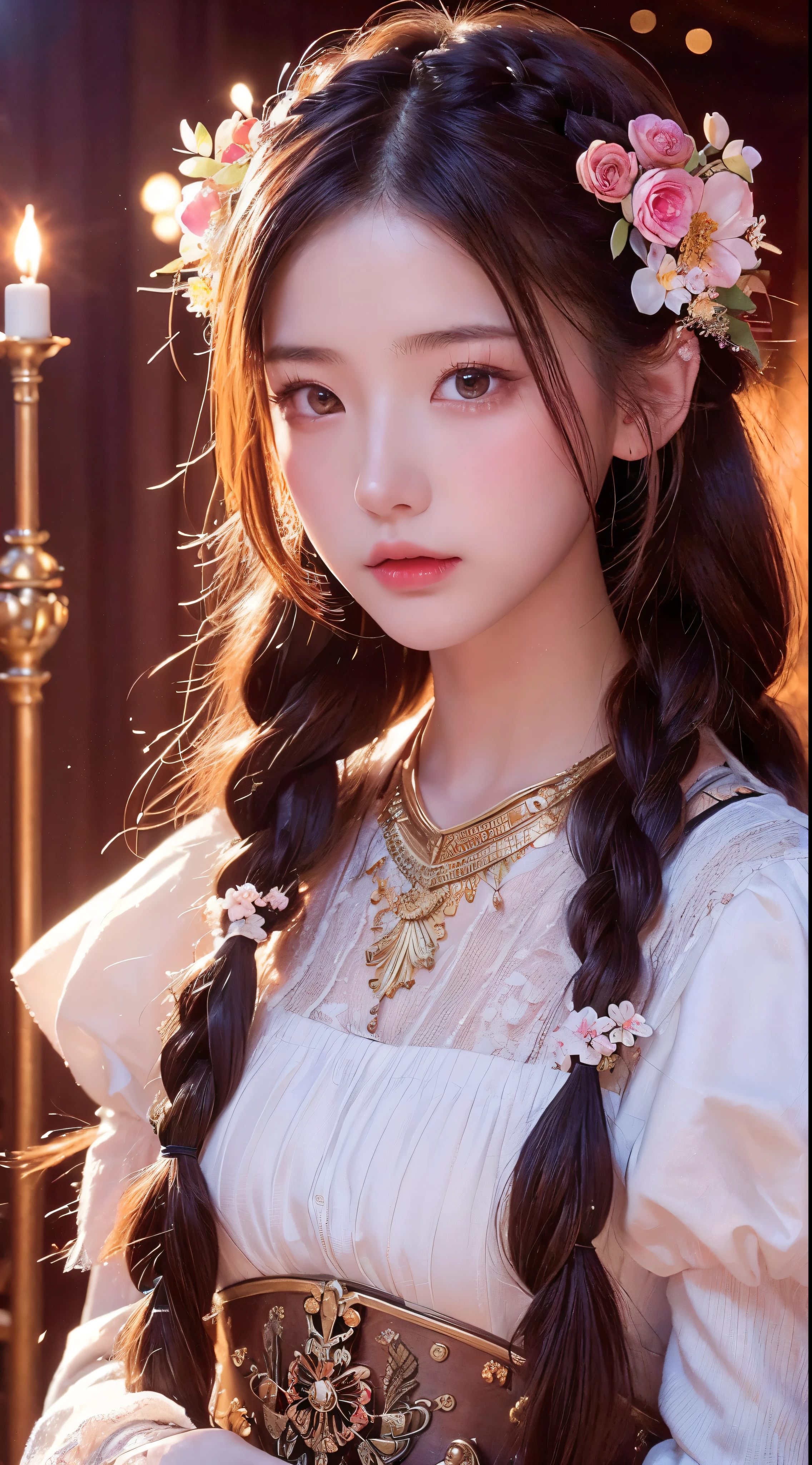 (masterpiece, top quality, best quality, official art, beautiful and aesthetic:1.2), (1girl:1.3), (Fractal Art:1.3), card, tarot, Chestnut hair, twin braids, hair flower, (good lighting:1.1), ((highres)), Tarot card style