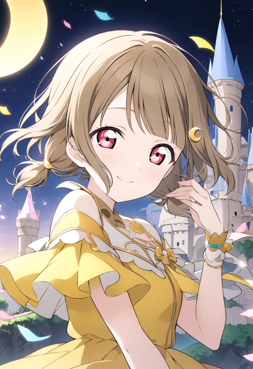 ((style:Colored pencil))Kasumi Nakasu, lovelive, Yellow-brown hair, Bobcut, short hair, ワンレングスBobcut, Short Twin Tails, Left of face, Crescent moon hair ornament, Erlian, Asymmetrical Hair, Long left, Red Eye, Yellow Dress, adult, flare lens, Single, alone, whole body, smile, Princess, The background is a castle, Wonderland,