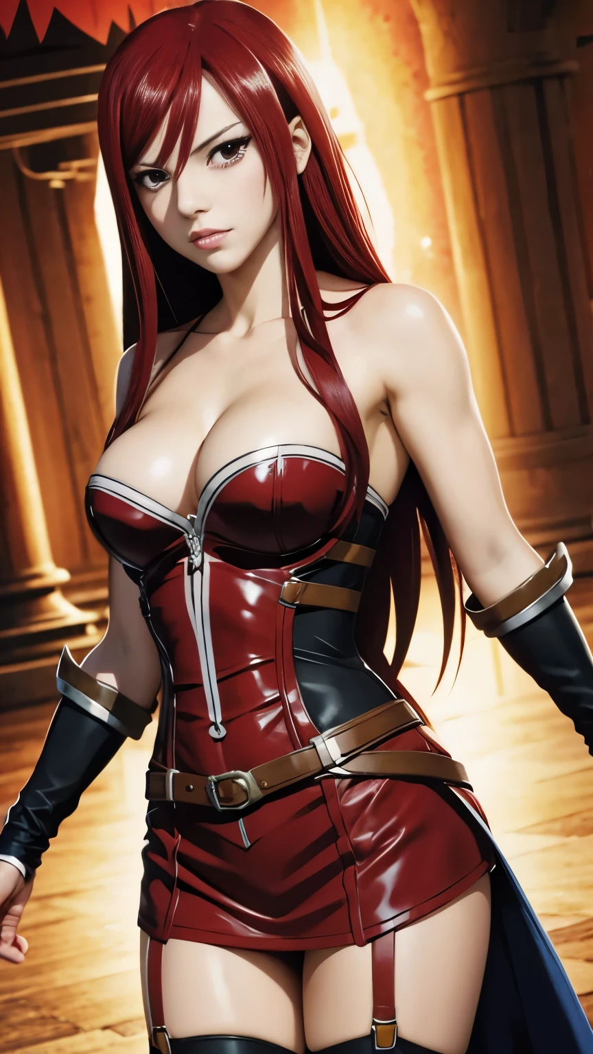 Erza Scarlet from Fairy Tail, who like to do some action and very sexy. Cowboy shot , illustration background
