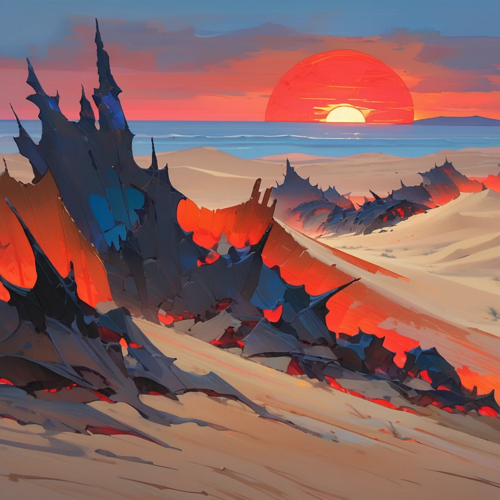Old West, Desert, horizon, blue Night , from far, Oil paint, red sun,(only blue and black color palette), Giant glass shards in sand, spiky glass structures, massive giant worm crawling in the dunes, sand dunes, dune, worm, darkness, Scary