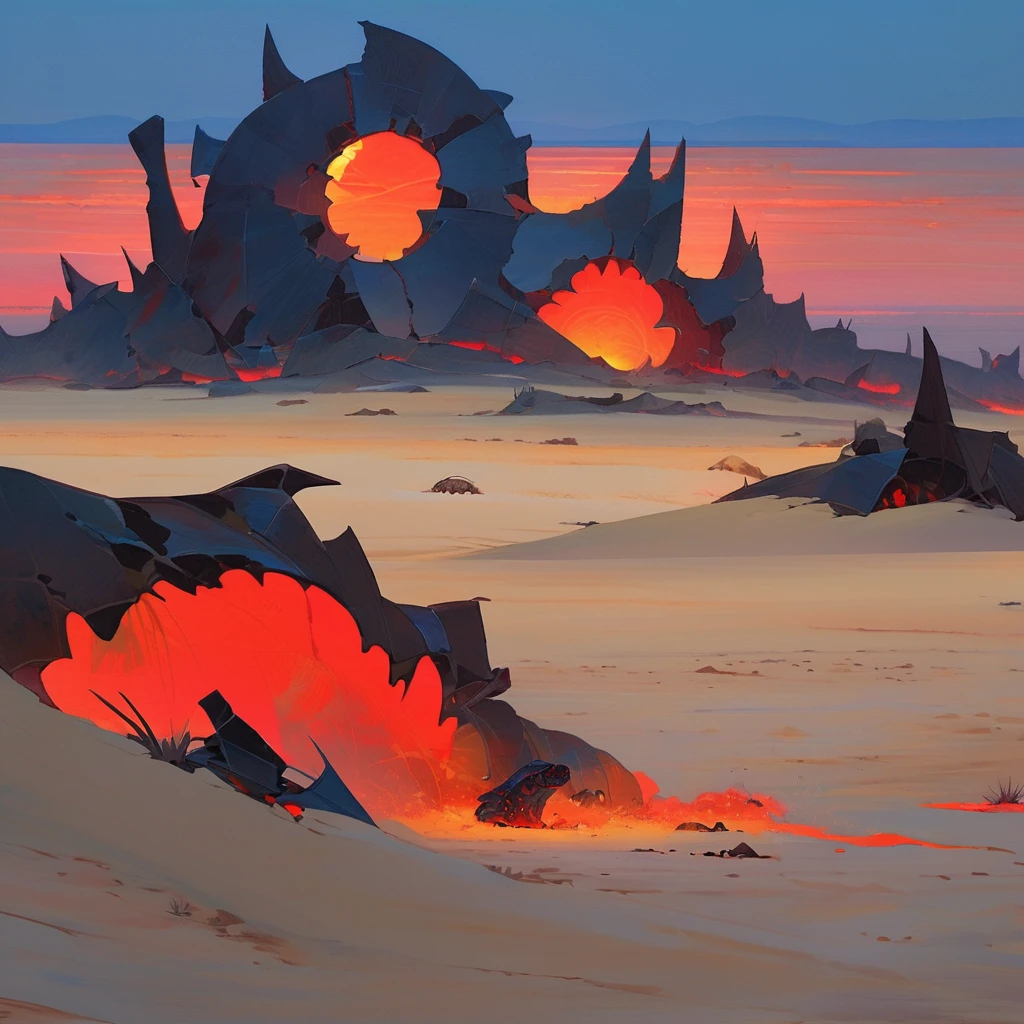 Old West, Desert, horizon, blue Night , from far, Oil paint, red sun,(only blue and black color palette), Giant glass shards in sand, spiky glass structures, massive giant worm crawling in the dunes, sand dunes, dune, worm, darkness, Scary