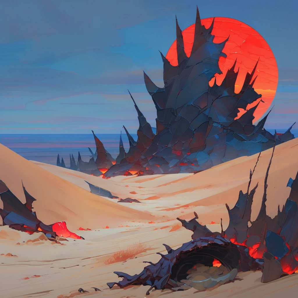 Old West, Desert, horizon, blue Night , from far, Oil paint, red sun,(only blue and black color palette), Giant glass shards in sand, spiky glass structures, massive giant worm crawling in the dunes, sand dunes, dune, worm, darkness, Scary 