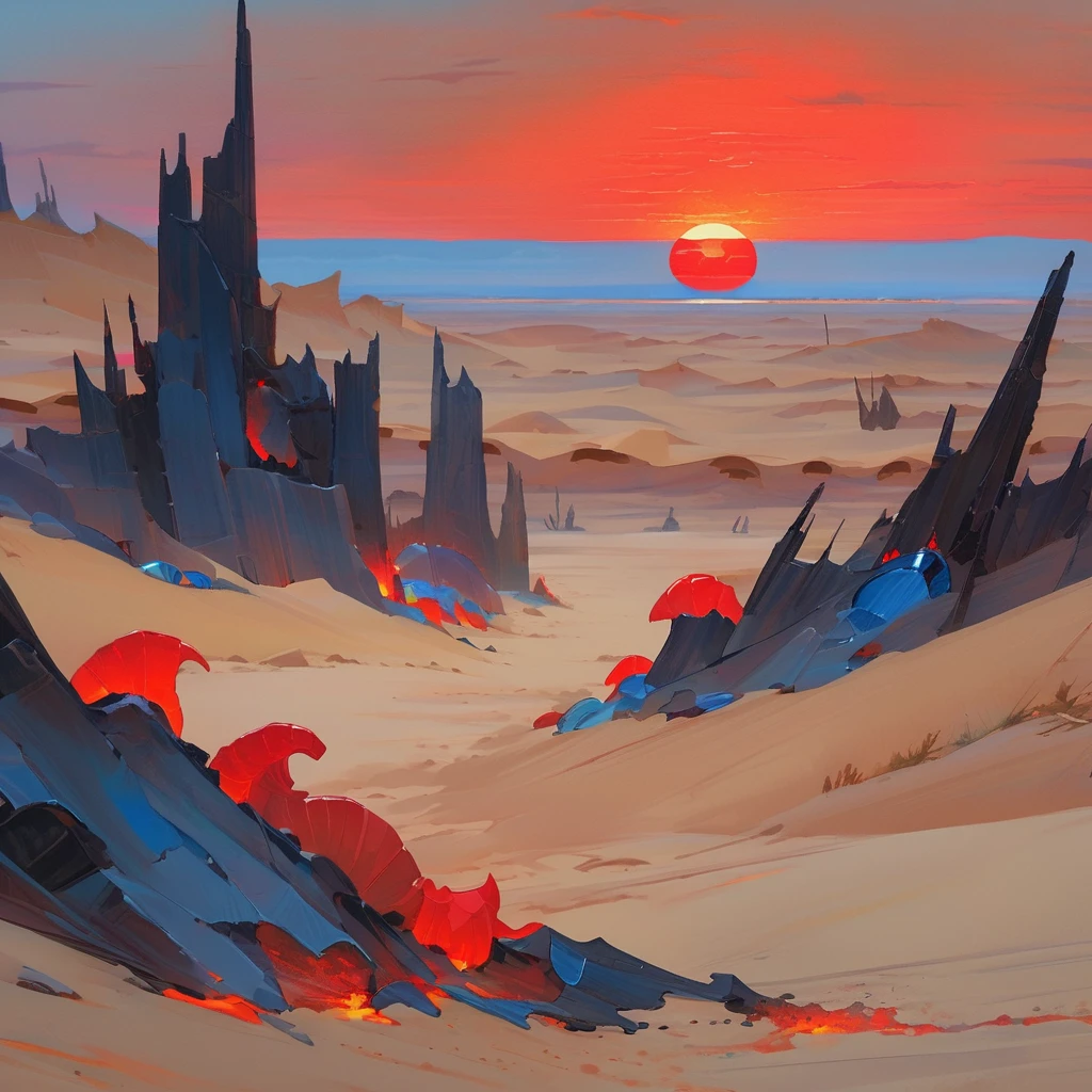 Old West, Desert, horizon, blue Night , from far, Oil paint, red sun,(only blue and black color palette), Giant glass shards in sand, spiky glass structures, massive giant worm crawling in the dunes, sand dunes, dune, worm, darkness, Scary