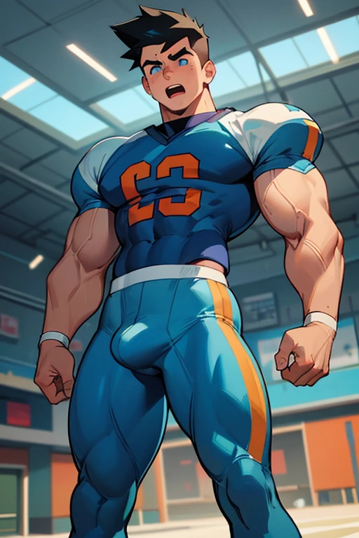 (Masterpiece) (Hyper muscular) (3 boys) Danny Phantom, Dash Baxter, football stadium background, ghost, hypnosis, jock, conversion, locker room hallway, hyper muscles, jockstrap, bro, meathead, hypnotized, brainwashed, brainwashing, big dumb jock, football. Glowing blue eyes. Hyper crotch bulge. Massive bulging crotch. Big balls. Big biceps. Big triceps. Big traps. Broad shoulders. Big meaty pecs. Big thighs. Thick glutes. Hyper muscles. crew cut. Football team assimilation. Well endowed. Clothes turning into Casper High School football uniform. Danny Fenton looks shocked and gradually transitions to a dull vapid expression instead as his eyes glow. Fellow football players lay gloved hands on his shoulder pads. "Gah! What happened to me? I look like a—! Like a ... BIG ... DUMB ... JOCK...." Open mouth. Blank stare. digital painting. Very detailed. Vapid stare. Dumber and dumber. Brain drain. Dash Baxter smirks and says, "That's because that is what you are now, Fenton. You're gonna be just like us. And you're gonna love every minute of it." Danny replies, "Love ... being ... a jock...."