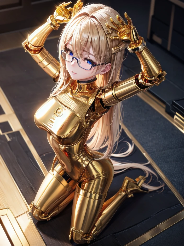 5 8K UHD、A mechanical beauty in a gold metallic body wearing glasses is kneeling、A golden metal robot with shiny skin