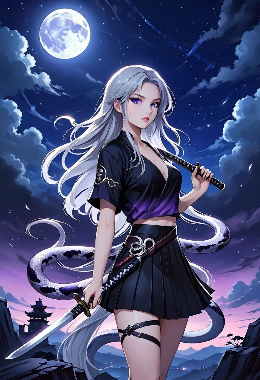 Anime style,1 Girl,Silver long hair、Blue eyes、Black top、Pleated short skirt、Katana in hand,Elegant Posture、Night Sky、Star、moon、Clouds、Dark purple tones、Mysterious and elegant atmosphere、Fantasy Romantic World。Glowing snake bone