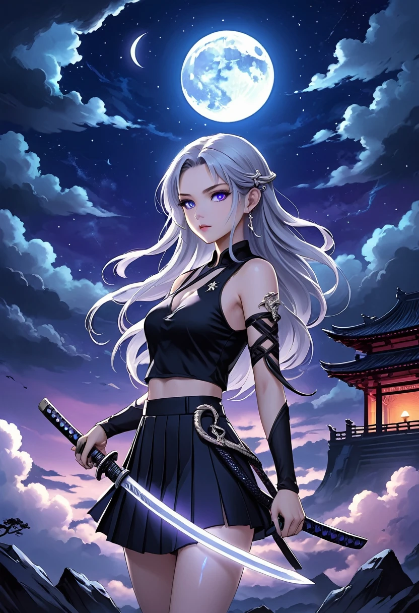 Anime style，1 Girl，Silver long hair、Blue eyes、Black top、Pleated short skirt、Katana in hand，Elegant Posture、Night Sky、Star、moon、Clouds、Dark purple tones、Mysterious and elegant atmosphere、Fantasy Romantic World。Glowing snake bone
