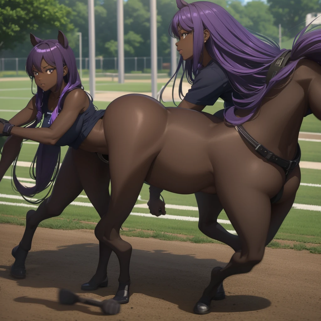 A dark-skinned, purple-haired horse girl runs in the playground