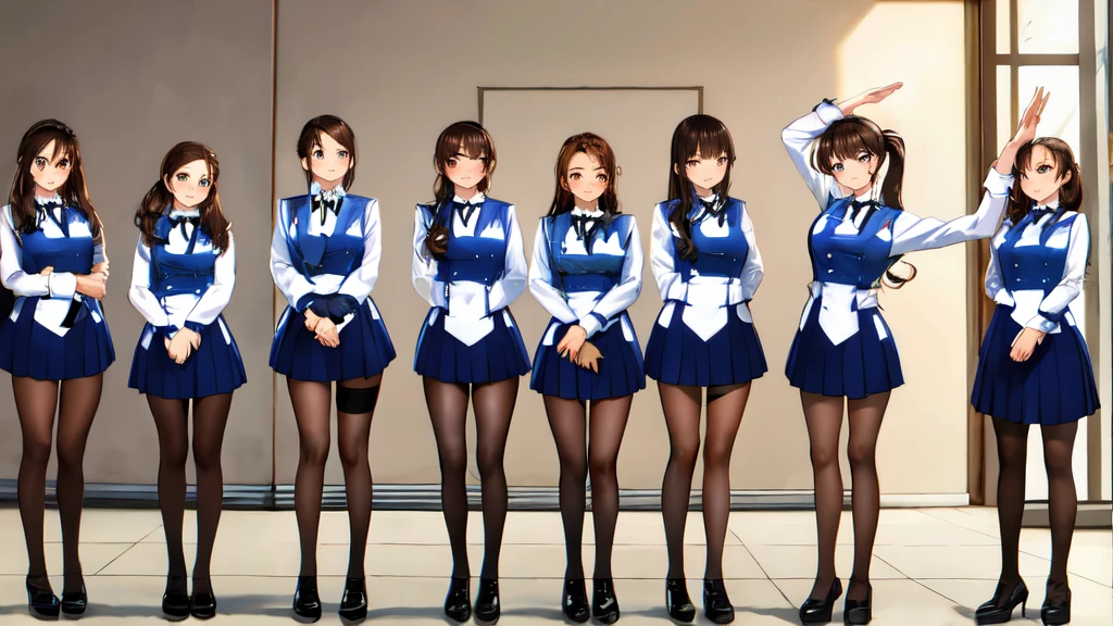 masterpiece, Highest quality, High resolution, 10+girl, crowd, Identical twin sisters, clone, An orderly line of sisters, An orderly line of sisters, Sisters in a row, uniform, Matching outfits, Long Hair, Curly Hair, ponytail, Matching hairstyle, Hazel Eyes, Brown Hair, Black tie, Blue Ribbon, Brown Skirt, salute, smile, indoor, Group shot, whole body, Panty shot, Black high heels