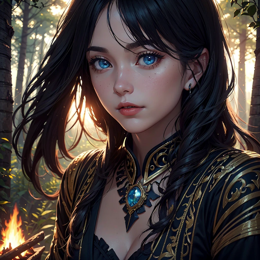 a woman sitting on the ground near the campfire in a forest, medieval era, she wears a light and very exotic outfit, beautiful detailed eyes, beautiful detailed lips, extremely detailed face and features, longeyelashes, medieval fantasy, campfire, forest, moonlight, warm lighting, detailed ornate dress, intricate embroidery, flowing hair, serene expression, (best quality,4k,8k,highres,masterpiece:1.2),ultra-detailed,(realistic,photorealistic,photo-realistic:1.37),cinematic lighting,dramatic atmosphere,vibrant colors,fantasy art