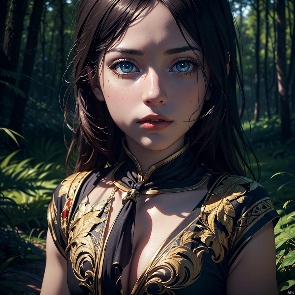 a woman sitting on the ground near the campfire in a forest, medieval era, she wears a light and very exotic outfit, beautiful detailed eyes, beautiful detailed lips, extremely detailed face and features, longeyelashes, medieval fantasy, campfire, forest, moonlight, warm lighting, detailed ornate dress, intricate embroidery, flowing hair, serene expression, (best quality,4k,8k,highres,masterpiece:1.2),ultra-detailed,(realistic,photorealistic,photo-realistic:1.37),cinematic lighting,dramatic atmosphere,vibrant colors,fantasy art