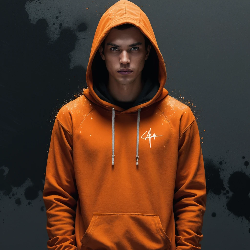 8K, High resolution, Highest quality, Movie plot, (masterpiece), Realistic art, digital figure, Portraiture, Spirit Painting, watercolor, Oil paints, Digital Art, Characteristic, figure, Expressive Darkness, Turn Space, Sulky, Creamy, Orange splashes on the arm, hoodie, fold, Ink letter research, masterpiece, Very detailed, 4K resolution, Exquisite detail, asymmetrical composition, Surreal