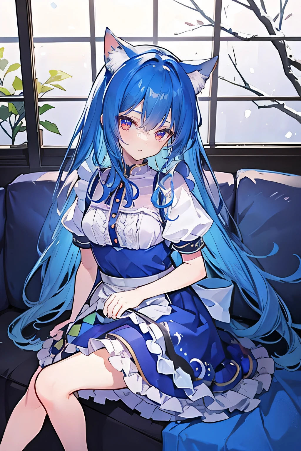 （masterpiece：1.2），Super detailed，lifelike，Expressive eyes，fair skin，perfect face shape，1 girl，
Japanese comics,Gorgeous blue hair,flowing blue hair,flowing clothes,Cat ears,Petals fall,beautiful lola,Baby Angel,
，Cross your legs，Gentle and peaceful background，The pavilion is cool and comfortable, maid outfit, maid，cafes，In front of the window，,snowing。 