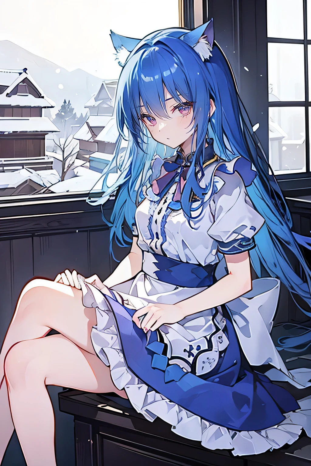 （masterpiece：1.2），Super detailed，lifelike，Expressive eyes，fair skin，perfect face shape，1 girl，
Japanese comics,Gorgeous blue hair,flowing blue hair,flowing clothes,Cat ears,Petals fall,beautiful lola,Baby Angel,
，Cross your legs，Gentle and peaceful background，The pavilion is cool and comfortable, maid outfit, maid，cafes，In front of the window，,snowing。 