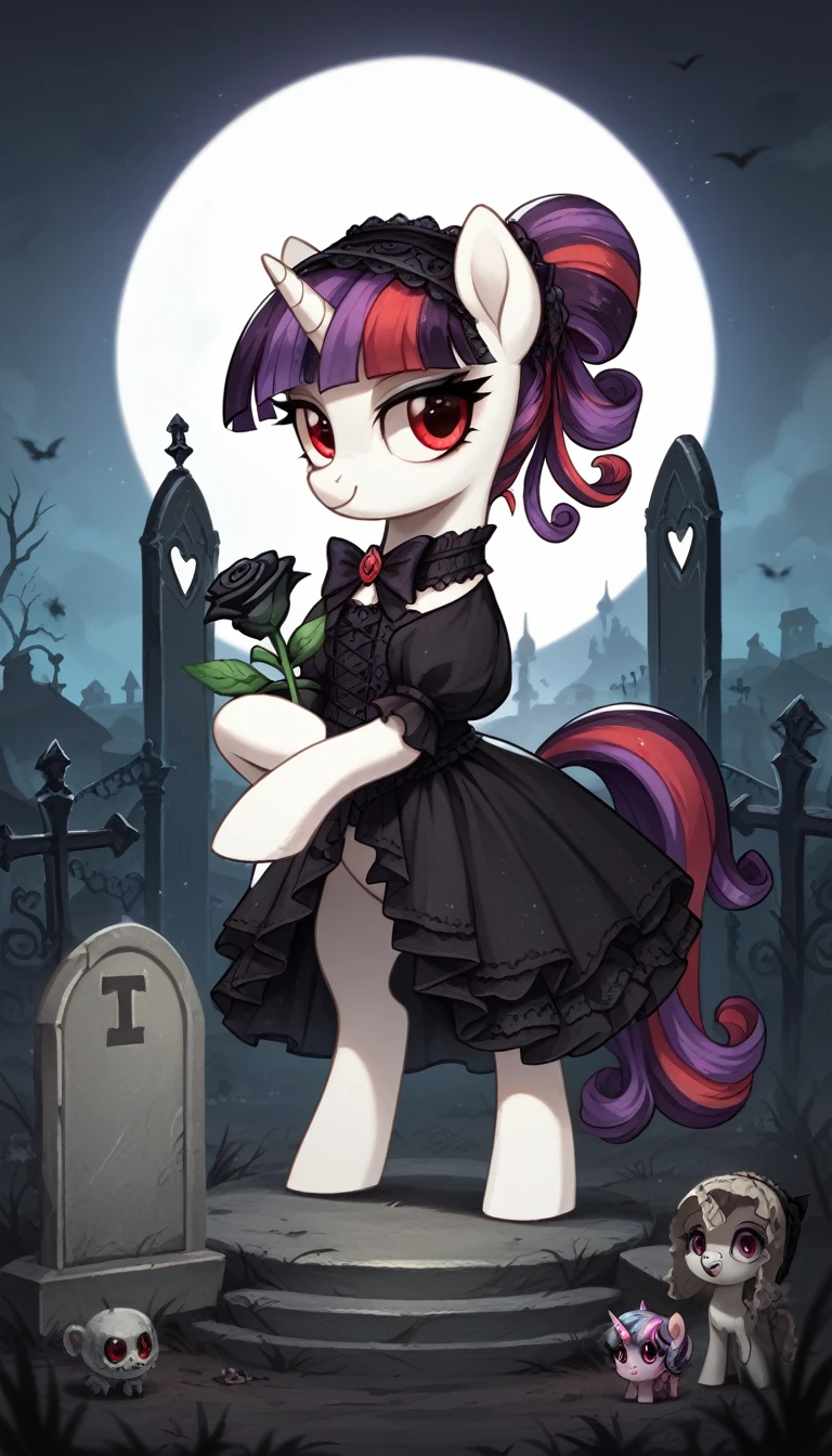 score_9,score_8_up,score_7_up,score_6_up, filly, unicorn, white fur, red eyes, black and purple striped hair, Gothic pony, lolita fashion, glowing backlight, fashion show, graveyard, glitter, whimsical, enchanted, magical, fantasy art concept, intricate details, holding a black rose