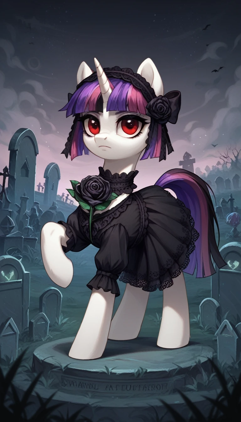 score_9,score_8_up,score_7_up,score_6_up, filly, unicorn, white fur, red eyes, black and purple striped hair, Gothic pony, ta fashion, glowing backlight, fashion show, graveyard, glitter, whimsical, enchanted, magical, fantasy art concept, intricate details, holding a black rose