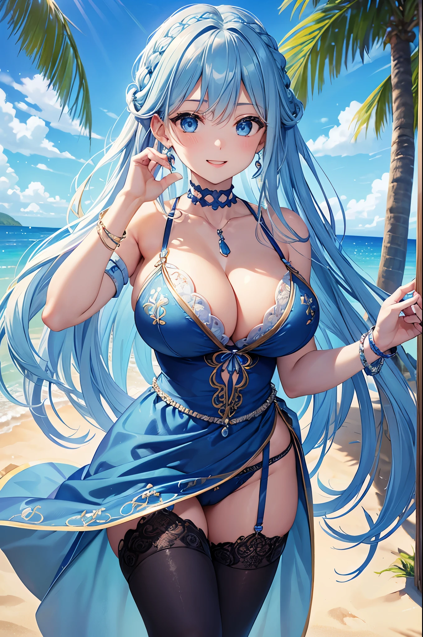 Highest quality、Highest quality、masterpiece、(8K resolution),beauty(Age 25)、(Mature Appearance)、Light blue long hair(Braiding of sides)、blue eyes、(Detailed embroidered underwear)、(Fairy)、Big cleavage、((Big Breasts))、smile、blue necklace、Blue Earrings、background(Beach)、Please open your mouth wide、bracelet、Dynamic pose、Blue choker、black tights