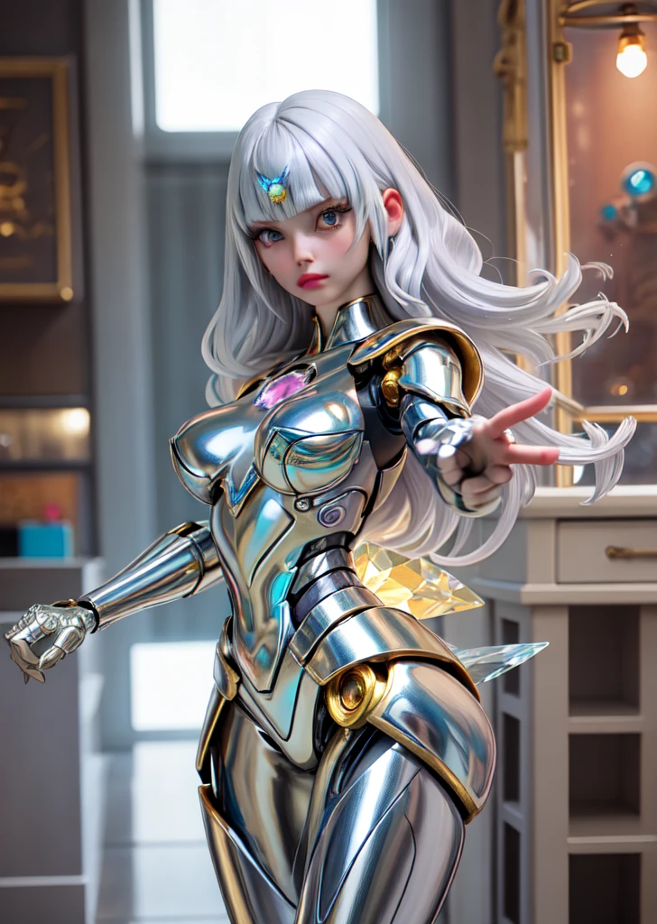 Girl alone, Cute Girls、whole body, Facing the camera, Detailed Background, Detailed face, Silver gold hair with bangs、(synthesis, plastic theme:1.1), Dynamic pose, Glass Cyborg, (Made of glass:1.1), translucent, colorful, Warrior, Gem Armor, Crystal Glass, mechanical, The Power of Mystique, , Spectacular atmosphere,