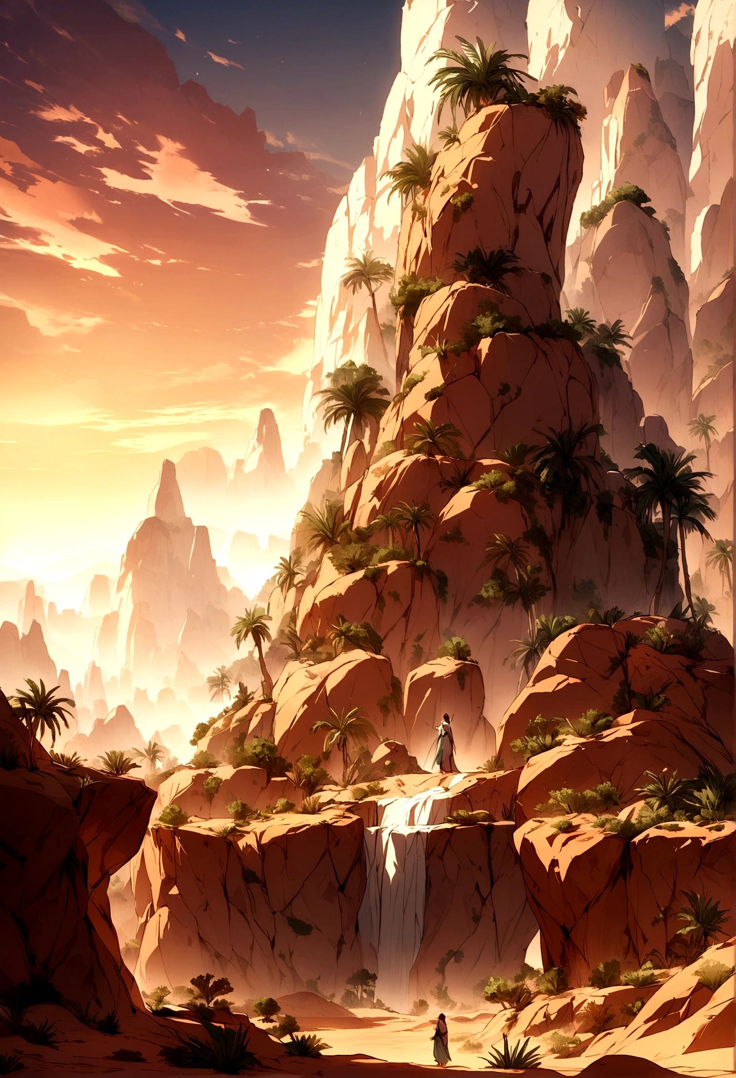 The Transformed Desert:
Description: The desert turned into a garden thanks to the technology shared between the two civilizations.
details: Plants and trees growing in the desert, synthetic bodies inhabiting the new Crystalion, and a scene of collaboration and prosperity