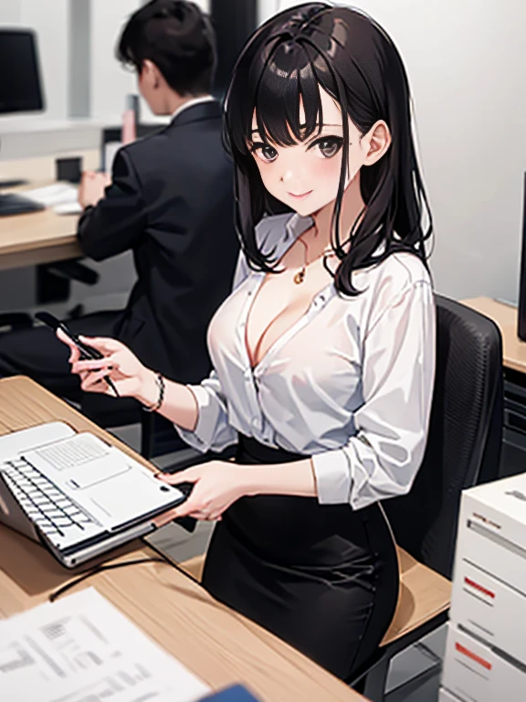 (Highest quality, 8K, 32k, masterpiece, Ultra-high resolution: 1.2), 1 Girl, Beautiful Japanese Woman, thinウエスト, (Gray suit), Open jacket, 魅力的なoffice Lady, suit, (Gray Tight Skirt), office, office, machine, Beautiful Face, Brown Hair, Bob Hair, Saggy eyes, Slender figure,Cleavage, thin, whole body, Detailed expression down to the fingertips,Sexy thighs, One Woman, alone, A charming smile,White panties,Peeking inside the skirt from below,Angle from below,Low - Angle