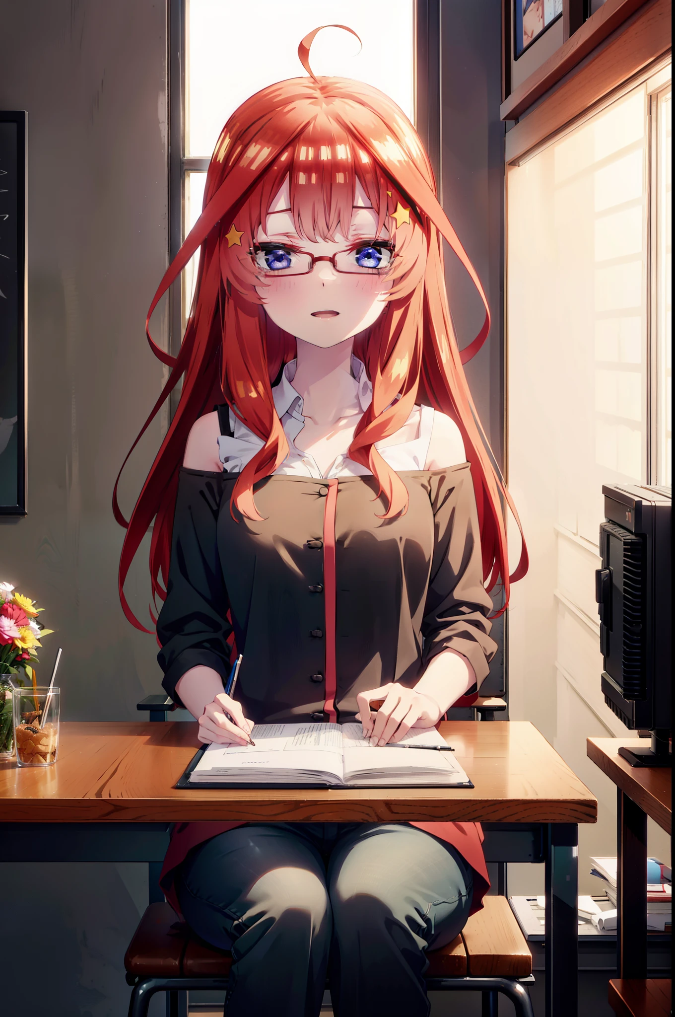 itsukinakano, itsuki nakano, bangs, blue eyes, Hair between the eyes, Ahoge, Redhead, star \(symbol\), hair ornaments, star hair ornaments,smile,Open your mouth,Red-rimmed glasses,Cold Shoulder Shirt,skinny pants,Stiletto heels,Sitting in a chair,There is a computer on the table,interior,Holding a hamburger with both hands and eating it,whole bodyがイラストに入るように,
break indoors, オフィス
break looking at viewer, whole body,
break (masterpiece:1.2), Highest quality, High resolution, unity 8k wallpaper, (figure:0.8), (Beautiful attention to detail:1.6), Highly detailed face, Perfect lighting, Highly detailed CG, (Perfect hands, Perfect Anatomy),